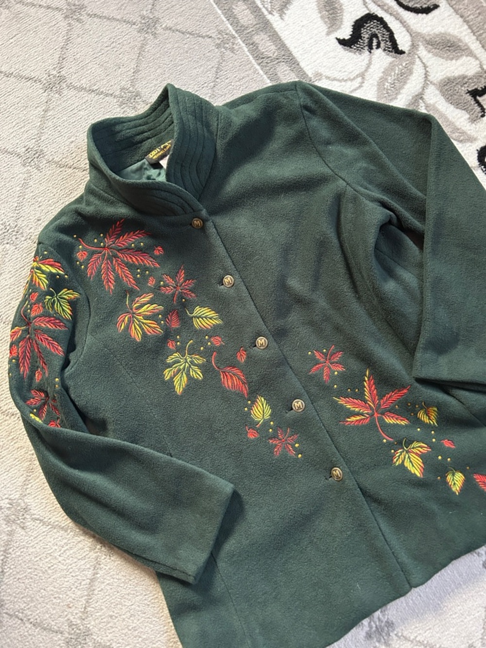 Bob Mackie Embroidered Green Women's Fleece Button-Front Coat